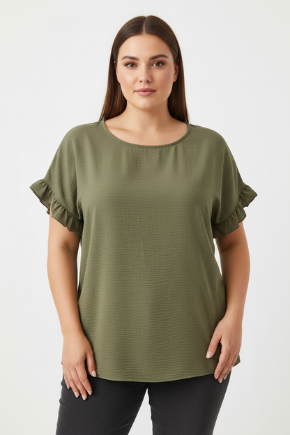 Blusa con voilant e scollo gioiello