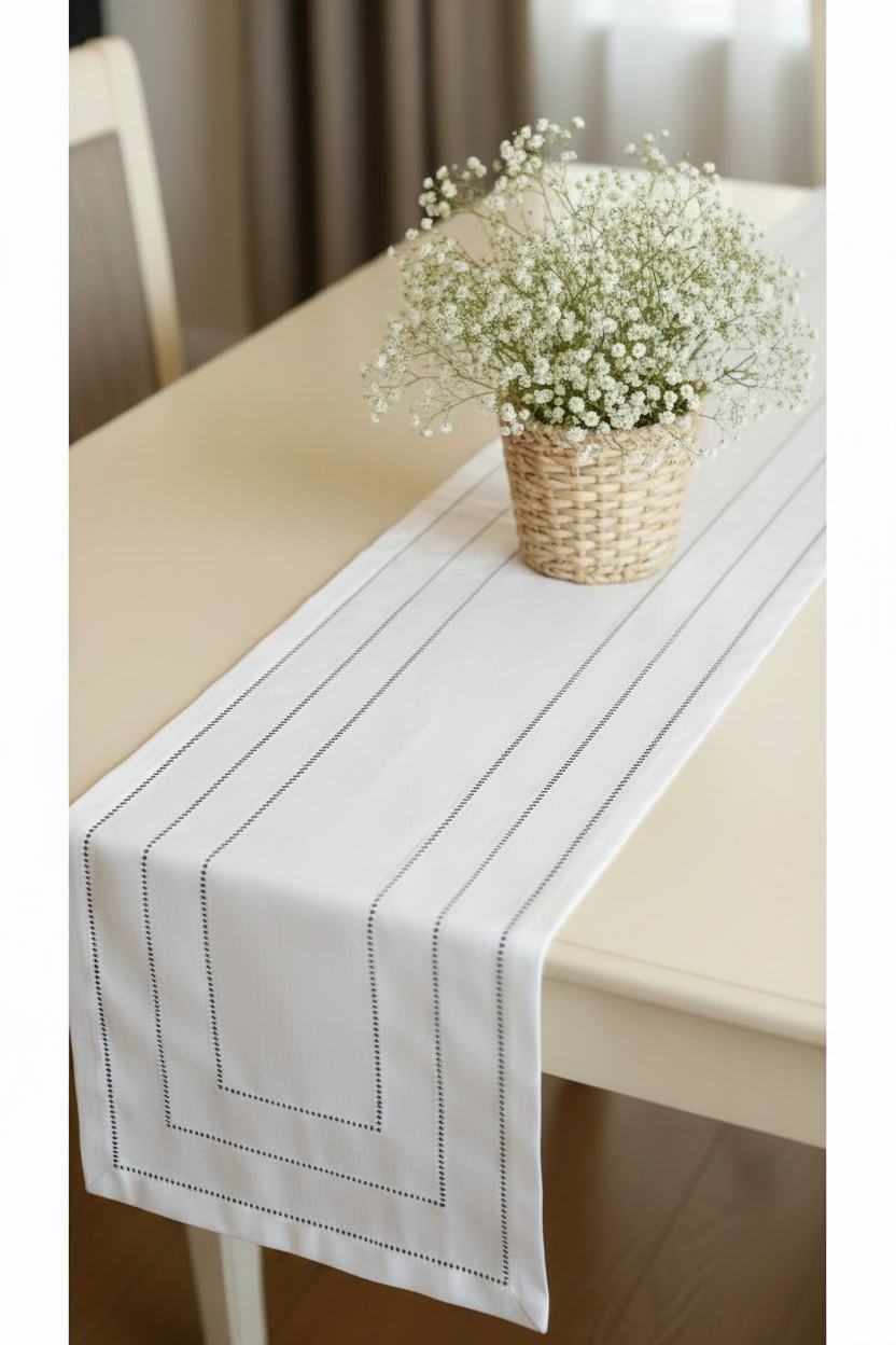 Runner ricamato con orlo a giorno 40x135 art 4019