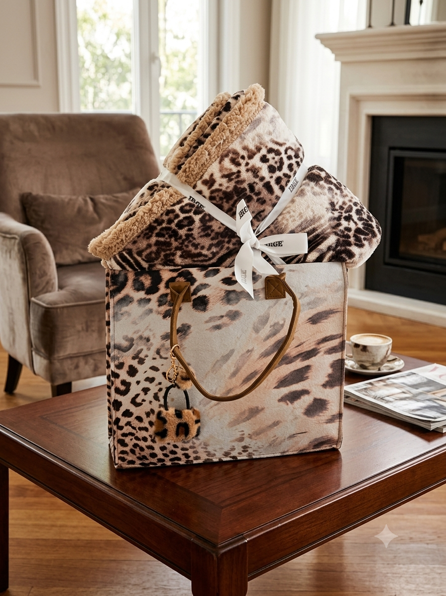 Plaid Animalier con soffice sherpa in una chic borsa in panno.