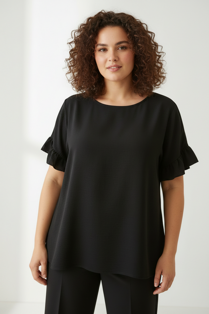 Blusa con voilant e scollo gioiello