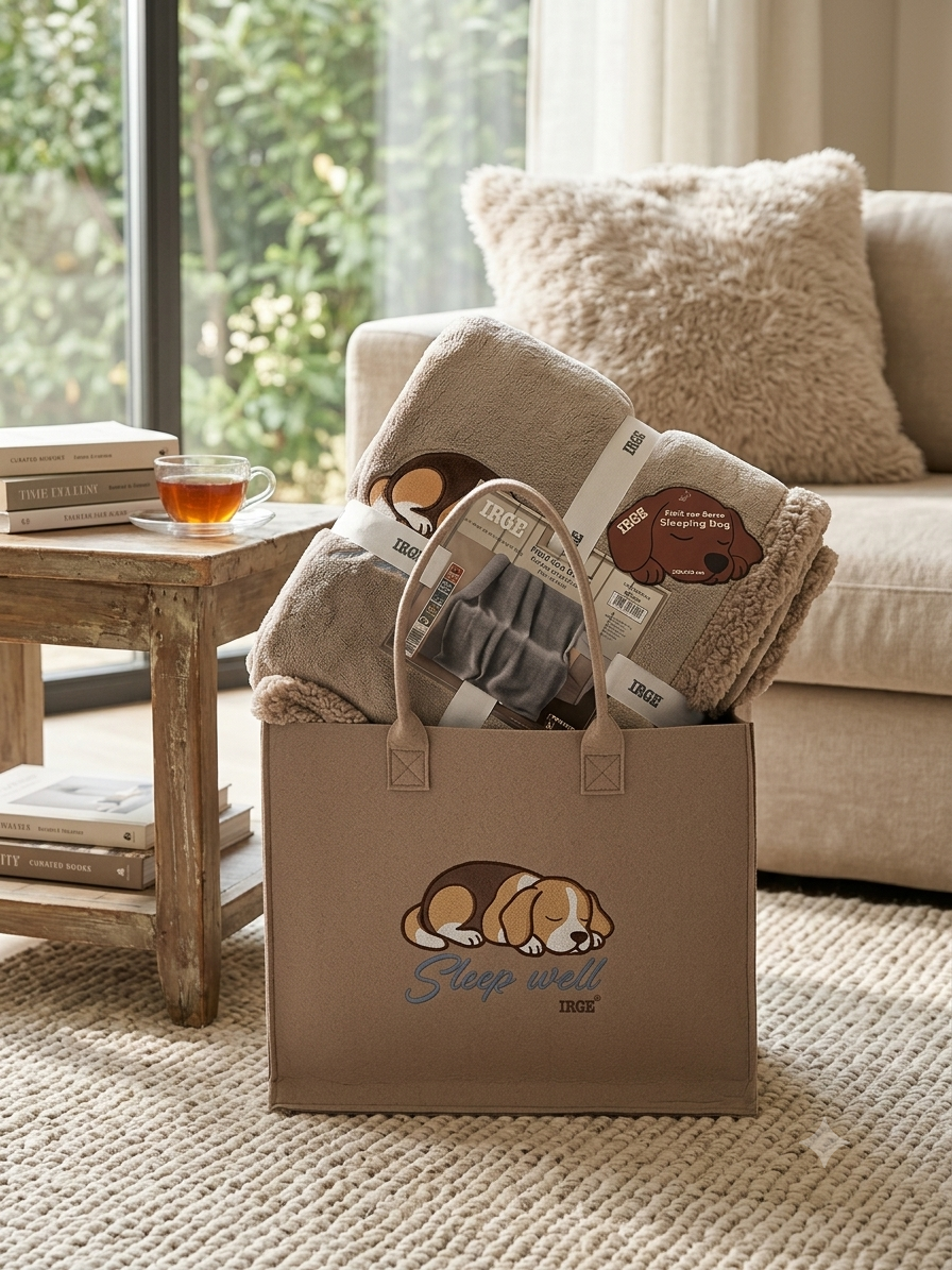 Plaid con soffice sherpa in una chic borsa in panno.