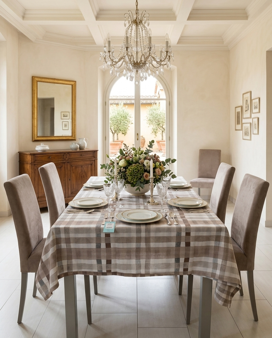 Tovaglia panama di cotone beige fantasia quadro