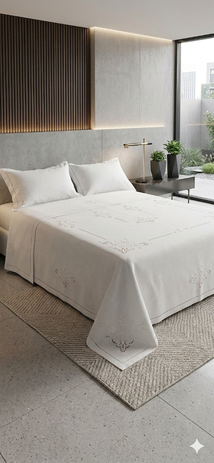 Completo letto in lino con ricami e intagli art 8100